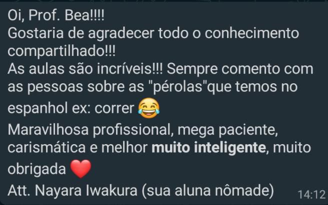 Mensaje de WhatsApp de Nayara agradeciendo a la profesora Beatriz